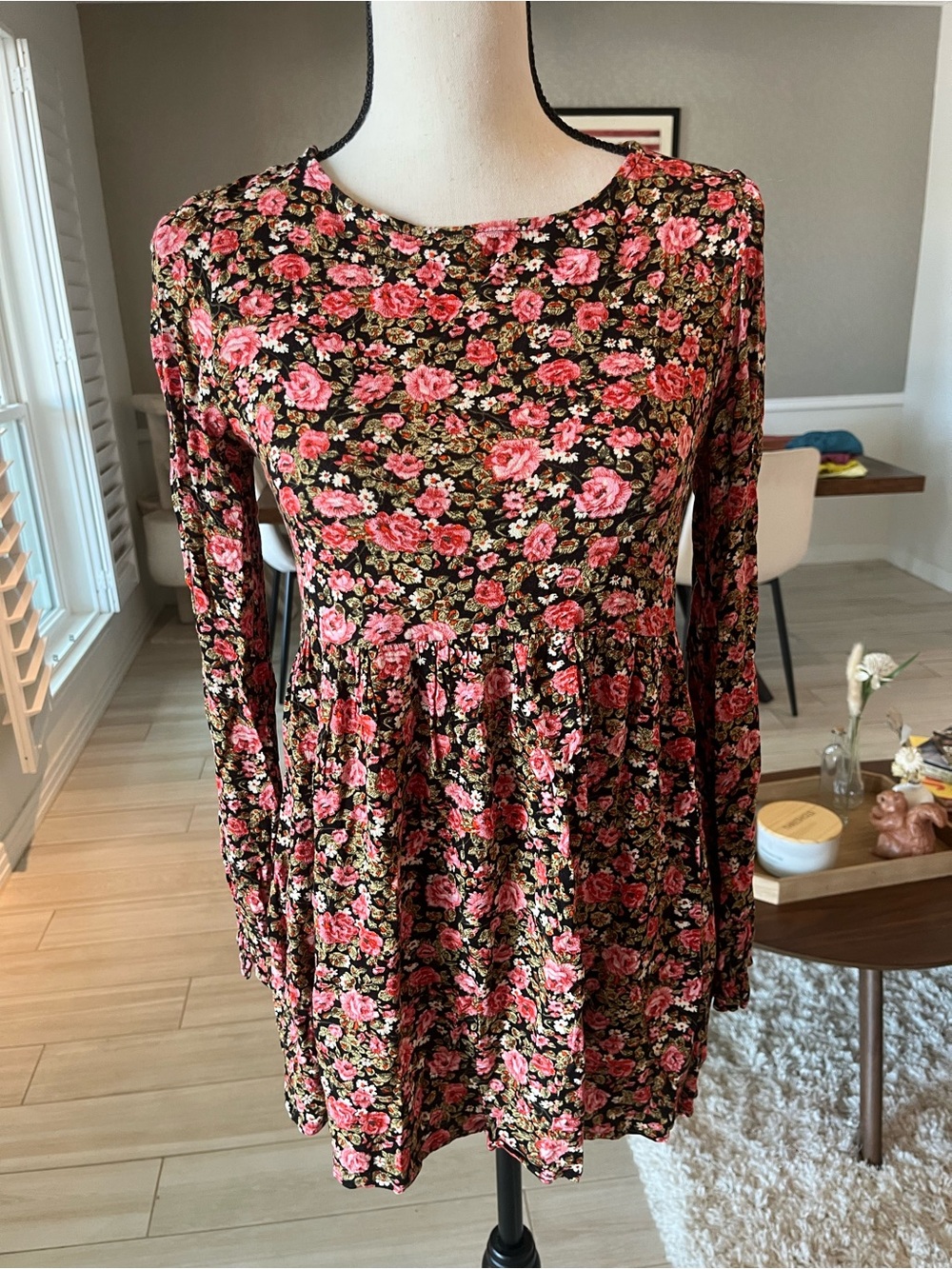 bp Pink Floral Long-Sleeve Babydoll Dress on Black